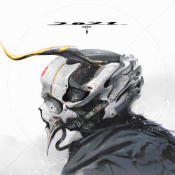  2021 cloak esuthio from_side highres horns humanoid_robot looking_ahead no_humans original portrait robot science_fiction solo upper_body  rating:General score:7 user:danbooru