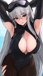 1girl absurdres armpit_cutout armpits arms_up azur_lane black_wetsuit bodysuit breasts cleavage clothing_cutout crossed_bangs diving_suit edmun6969 enterprise_(azur_lane) enterprise_(diving_under_blue_skies)_(azur_lane) goggles goggles_on_head grey_hair hair_between_eyes highres large_breasts long_hair one-piece_swimsuit open_wetsuit pantyhose pantyhose_under_swimsuit purple_eyes solo swim_goggles swimsuit torn_clothes torn_pantyhose very_long_hair wetsuit rating:Sensitive score:97 user:danbooru