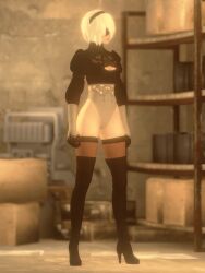  1girl 2b_(nier:automata) animated animated_gif ass_expansion blindfold boots breast_expansion breasts cleavage cleavage_cutout clothing_cutout curvy female_focus full_body gloves height_growth highres huge_breasts large_breasts leotard medium_breasts n-nurico nier:automata nier_(series) short_hair skindentation solo thick_thighs thigh_boots thighhighs thighs white_hair wide_hips 