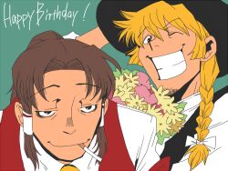  2boys bags_under_eyes black_eyes black_hat black_vest blonde_hair bouquet bow braid brown_hair cigarette closed_mouth commentary_request curtained_hair facial_hair flower genderswap genderswap_(ftm) goatee_stubble green_background grin hair_bow hair_tubes hakurei_reimu happy_birthday hat high_ponytail holding holding_bouquet kirisame_marisa looking_at_viewer male_focus multiple_boys one_eye_closed onikobe_rin parted_bangs ponytail red_vest short_hair side_braid single_braid smile stubble touhou upper_body vest witch_hat yellow_flower 