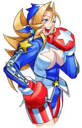  1girl :d absurdres ahoge american_flag american_flag_print bandana boxing_gloves breasts cleavage clothing_cutout cropped_legs curly_hair earrings edaki_shin&#039;ya flag_print from_side game_cg hand_on_own_hip hand_up highres jewelry justice_gakuen large_breasts leotard moero!_justice_gakuen non-web_source official_art one_eye_closed open_mouth ponytail simple_background sleeved_leotard smile solo standing star_(symbol) star_cutout star_earrings teeth tiffany_lords white_background 