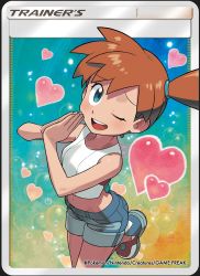  1girl alternate_costume blouse blue_eyes card_(medium) female_focus gym_leader highres ishikawa_hideki midriff misty_(pokemon) navel nintendo official_art one_eye_closed orange_hair pokemon pokemon_lgpe pokemon_tcg shirt sleeveless sleeveless_shirt solo  rating:Sensitive score:59 user:danbooru