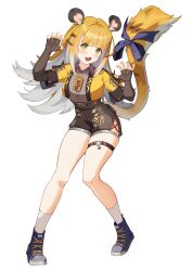  1girl :3 :d absurdres animal_ears black_gloves black_shirt black_shorts blonde_hair blue_bow blue_shoes bow claw_pose cropped_jacket elbow_gloves fingerless_gloves gloves grey_hair higasino3ldk highres jacket ju_fufu long_hair looking_at_viewer multicolored_hair o-ring o-ring_thigh_strap open_mouth shirt shoes shorts smile socks solo tail tail_bow tail_ornament thigh_strap tiger_ears tiger_girl tiger_stripes tiger_tail two-tone_hair white_socks yellow_jacket zenless_zone_zero 
