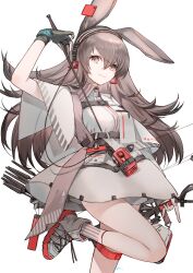  1girl absurdres animal_ears ankle_socks april_(arknights) arknights arm_up arrow_(projectile) belt black_gloves bow_(weapon) breasts cable calflet capelet collared_dress commentary compound_bow cowboy_shot dot_nose dress fingerless_gloves gloves grey_eyes grey_hair hair_between_eyes highres holding holding_arrow holding_bow_(weapon) holding_weapon id_card infection_monitor_(arknights) leg_up long_hair looking_at_viewer maki-no medium_breasts multiple_belts quiver rabbit_ears rabbit_girl shoes short_dress sidelocks simple_background smile sneakers socks solo standing standing_on_one_leg tag thighs weapon white_background white_capelet white_dress white_shoes white_socks 
