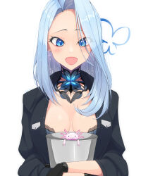  1girl :d absurdres axolotl black_gloves blue_eyes blue_hair breasts bucket earrings gloves highres holding holding_bucket jewelry long_hair medium_breasts monarch_(amalee) open_clothes open_mouth open_shirt rein_akane smile virtual_youtuber vshojo white_background 