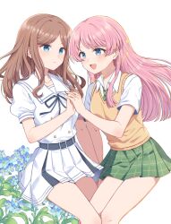  2girls absurdres bang_dream! bang_dream!_it&#039;s_mygo!!!!! black_ribbon blue_eyes blue_flower blush brown_hair chihaya_anon closed_mouth commentary_request dress flower green_necktie green_skirt grey_eyes haneoka_school_uniform highres holding_hands interlocked_fingers leg_between_thighs long_hair multiple_girls nagasaki_soyo neck_ribbon necktie open_mouth pink_hair plaid_clothes plaid_skirt pleated_skirt ribbon school_uniform short_sleeves simple_background skirt smile sweater_vest tsukinomori_school_uniform wei_qian_mo_he white_background white_dress yellow_sweater_vest yuri 