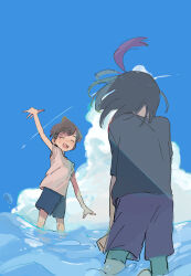  2boys absurdres arm_up black_hair black_shirt blue_shorts blue_sky blush brown_hair closed_eyes cloud commentary_request contrail day florian_(pokemon) gametosyota highres kieran_(pokemon) male_focus multicolored_hair multiple_boys nintendo open_mouth outdoors pokemon pokemon_sv purple_hair purple_shorts shirt short_sleeves shorts sky standing wading water white_shirt 