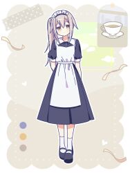  1girl apron black_dress dress full_body highres kureha_yuna long_hair looking_at_viewer magia_record:_mahou_shoujo_madoka_magica_gaiden mahou_shoujo_madoka_magica maid ruru_(rurumagi) short_sleeves side_ponytail straight-on white_apron yellow_eyes 