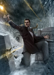 1boy absurdres aiming black_hair black_jacket black_shoes black_sky blurry breaking brown_necktie bullet bullet_hole character_name closed_mouth collared_jacket collared_shirt commentary crack cynthi-dm dated depth_of_field desert_eagle dual_wielding english_commentary engraved finger_on_trigger fingernails firing floating floating_neckwear floating_object full_body grave graveyard grey_eyes grey_pants grey_theme gun handgun highres holding holding_gun holding_weapon jacket long_sleeves looking_ahead male_focus manly mature_male max_payne_(character) max_payne_(series) max_payne_3 motion_blur muzzle_flash necktie night night_sky nose on_ground on_one_knee open_clothes open_collar open_jacket outdoors pants print_necktie projectile_trail realistic rock scar scar_on_face scar_on_forehead serious shirt shoes short_hair signature sky snow snow_on_tree snowing solo tombstone under_fire very_short_hair weapon western_comics_(style) white_shirt wind
