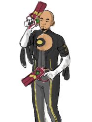 1boy artist_request bald bayonetta bayonetta_(cosplay) bayonetta_(series) bodysuit chest_hair cleavage_cutout clothing_cutout cosplay creator_connection crossdressing crossdressing_(mtf) dual_wielding elbow_gloves facial_hair gloves goatee gun holding kamiya_hideki male_focus solo weapon