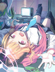 2girls animal_ear_headphones animal_ears arms_up black_skirt black_thighhighs blonde_hair blue_archive blue_necktie blush bow cat_ear_headphones collared_shirt controller fake_animal_ears frilled_skirt frills game_controller halo headphones highres indoors jacket kamatama long_sleeves looking_at_viewer lower_teeth_only lying midori_(blue_archive) momoi_(blue_archive) multiple_girls necktie on_back open_mouth pink_eyes rabbit_ears_antenna red_bow shirt short_hair siblings sisters skirt solo_focus suspenders teeth television thighhighs twins white_jacket white_shirt 
