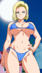  1girl android_18 blonde_hair blue_eyes breasts cameltoe dragon_ball dragonball_z highres kame_house large_breasts looking_at_viewer outdoors solo sun swimsuit tagme thick_thighs thighs third-party_edit water 
