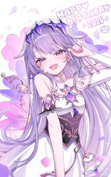  1girl :d absurdres black_corset chest_jewel commentary corset detached_collar detached_sleeves dress english_commentary gem grey_hair half-closed_eyes happy_birthday highres hololive hololive_english jewel_under_eye koseki_bijou koseki_bijou_(1st_costume) long_hair material_growth metal_wings noraneco117 open_mouth pebble_(koseki_bijou) purple_eyes purple_gemstone purple_nails single_detached_sleeve smile solo virtual_youtuber white_dress white_sleeves 