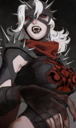  1girl armor bandaged_head bandages black_leotard black_lips black_sclera breasts brown_bodystocking colored_sclera fangs fantastic_four gloves grey_hair head_spikes highleg highleg_leotard highres lapefamm large_breasts leotard long_hair looking_at_viewer malice_(sue_storm) marvel marvel_rivals multicolored_helmet open_mouth red_eyes red_scarf scarf shoulder_spikes solo spiked_armor spiked_helmet spiked_pauldrons spikes sue_storm thong_leotard two-tone_bodysuit 