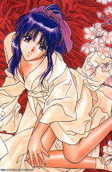  1girl female_focus flower japanese_clothes kamiya_kaoru kimono legs perspective ponytail red_theme rurouni_kenshin solo watermark watsuki_nobuhiro 