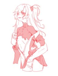  1boy 1girl artpatient blush fingering fingering_from_behind flat_chest girls&#039;_frontline girls&#039;_frontline_2:_exilium hetero leva_(girls&#039;_frontline_2) long_hair long_sleeves monochrome navel nipple_stimulation nipple_tweak one_eye_closed scar scar_across_eye scar_on_face shirt_partially_removed simple_background skirt ump45_(girls&#039;_frontline) very_long_hair 