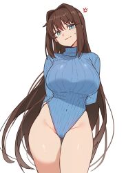  1girl absurdres anger_vein aozaki_aoko arms_behind_back blue_eyes blue_leotard breasts brown_hair commentary ebora english_commentary false_smile hair_intakes heattech_leotard highleg highleg_leotard highres large_breasts leotard long_hair looking_at_viewer mahou_tsukai_no_yoru ribbed_leotard ribbed_sweater sleeved_leotard smile solo sweater turtleneck very_long_hair white_background 