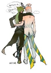  ... 2boys absurdres aotu_world arm_on_another&#039;s_shoulder belt black_belt black_boots black_shirt blood blood_on_clothes blood_on_hands blood_on_leg boots chinese_text crop_top fingerless_gloves from_behind full_body gloves green_hair grey_pants halo highres holding_hands hug long_hair long_sleeves low_ponytail macchiato_bi_guanzhong male_focus multiple_boys pants ponytail shirt shoes simple_background sketch speech_bubble spoken_ellipsis standing torn_clothes white_background white_hair white_pants white_shirt white_shoes xander_(aotu_world) yaoi zain_(aotu_world) 
