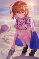  1girl =_hair_ornament absurdres antenna_hair backlighting beach black_shoes blue_skirt blush breasts brown_eyes brown_hair clannad closed_mouth commentary dango_daikazoku eyelashes eyes_visible_through_hair flowingcrescent full_body furukawa_nagisa hair_between_eyes hair_ornament hairclip high-waist_skirt highres hikarizaka_private_high_school_uniform hugging_own_legs kneehighs loafers looking_at_viewer medium_breasts medium_hair ocean outdoors red_ribbon ribbon sailor_collar school_uniform serafuku shirt shoes short_sleeves skirt smile socks solo split_mouth squatting star_(symbol) summer_uniform sunset suspender_skirt suspenders white_sailor_collar white_shirt white_socks |_| 