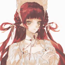  1girl bonnet capekachuu closed_mouth dress earrings empty_eyes gem green_eyes hair_ribbon highres jewelry long_hair necklace original pointy_ears red_gemstone red_hair ribbon sample_watermark simple_background solo upper_body watermark white_background white_bonnet white_dress white_ribbon 