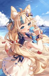  1girl :d ahoge animal_ear_fluff animal_ears beach bikini bikini_under_clothes blonde_hair blue_eyes blue_hair blue_sailor_collar blue_sky bucket cat_ears cloud commentary crab day dress fang fins fish_girl fish_tail frilled_shirt_collar frills halterneck hand_up highres holding holding_bucket holding_seashell indie_virtual_youtuber kuri_(animejpholic) lifebuoy_hair_ornament long_hair looking_at_viewer low_twintails multicolored_hair open_mouth outdoors sailor_collar sameko_saba scrunchie skin_fang sky sleeveless sleeveless_dress smile solo streaked_hair striped_bikini striped_clothes swimsuit tail twintails very_long_hair virtual_youtuber white_bikini white_dress wrist_scrunchie 