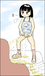 1girl black_hair blush clothes_lift dress dress_lift highres loli no_panties pee peeing puddle purple_eyes pussy rikaya_(pixiv3876611) shoes socks spread_pussy standing uncensored rating:Explicit score:12 user:BaronArgyleSven