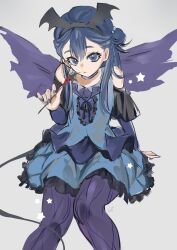  1girl absurdres bare_shoulders black_hairband black_ribbon black_sleeves black_tail blue_choker blue_eyes blue_hair blue_nails blue_shirt blue_skirt blue_sleeves blue_vest buttons choker cowboy_shot demon_costume demon_tail demon_wings detached_sleeves eating expressionless eyelashes fake_tail fake_wings food food_request frilled_skirt frilled_vest frills grey_background hair_between_eyes hair_bobbles hair_bun hair_ornament hairband halloween_costume head_wings highres holding holding_food hugtto!_precure layered_sleeves long_hair long_sidelocks long_sleeves looking_at_viewer miniskirt multiple_wings nail_polish pantyhose parted_lips pleated_skirt pleated_sleeves precure purple_pantyhose purple_wings ribbon shipu_(gassyumaron) shirt short_over_long_sleeves short_sleeves sidelocks simple_background single_side_bun sitting skirt skirt_set sleeveless sleeveless_shirt solo star_(symbol) straight_hair tail vest wings yakushiji_saaya 