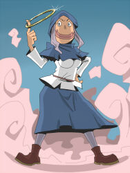  1girl black_eyes blue_background blue_hood blue_skirt boots breasts brown_boots closed_mouth cloud commentary_request full_body grey_socks hood hood_up hoop kumoi_ichirin lips looking_at_viewer medium_breasts medium_hair onikobe_rin purple_hair shirt skirt smile socks solo touhou v-shaped_eyebrows white_shirt 