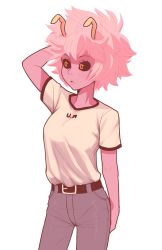  10s 1girl arm_behind_head ashido_mina belt black_sclera boku_no_hero_academia clothes_writing colored_sclera colored_skin denim female_focus highres horns jeans open_mouth pants pink_hair pink_skin sally_(luna-arts) shirt short_hair simple_background solo t-shirt white_background white_shirt yellow_eyes  rating:Sensitive score:24 user:danbooru