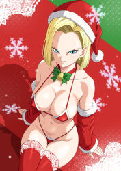  1girl android_18 bikini breasts christmas dragon_ball dragonball_z large_breasts minpei_ichigo santa_bikini santa_costume smile  rating:Questionable score:21 user:jojosstand