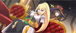  2girls ^^^ armor banner black_cape black_gloves black_hat blonde_hair blue_eyes blush braid breastplate breasts brick_wall brown_hair candle candlestand cape couch crown_braid darkness_(konosuba) dot_nose dutch_angle fingerless_gloves game_cg gloves hair_ornament hand_up hat high_ponytail highres indoors knitting kono_subarashii_sekai_ni_shukufuku_wo! konosuba!_fantastic_days large_breasts long_hair megumin multiple_girls official_art open_mouth ponytail red_eyes short_hair_with_long_locks shoulder_armor sitting small_sweatdrop sparkle surprised third-party_source wide_brim witch_hat x_hair_ornament yarn yarn_ball 