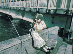  1girl absurdres animal animal_ears apron black_dress black_eyes black_hair black_shoes blunt_bangs blush_stickers bob_cut bridge cat_ears chain commentary cooler dress eating fang fish fishing_rod food_bite frilled_apron frills graffiti hands_up happa_de_happy highres holding holding_animal juliet_sleeves long_dress long_sleeves maid maid_headdress medium_hair open_mouth original outdoors pantyhose photo_background puffy_sleeves shoes sitting solo stingray symbol-only_commentary two_side_up water white_apron white_pantyhose 