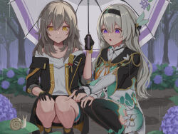  aqua_thighhighs black_gloves black_hairband black_jacket black_skirt blue_pupils blush bridal_gauntlets cropped_jacket detached_sleeves firefly_(honkai:_star_rail) frilled_sleeves frills gloves gradient_eyes gradient_thighhighs hair_ornament hair_ribbon hairband highres holding holding_umbrella honkai:_star_rail honkai_(series) jacket long_sleeves miniskirt multicolored_eyes neckerchief open_mouth orange_neckerchief ribbon single_bridal_gauntlet skirt snail squatting stelle_(honkai:_star_rail) thigh_strap thighhighs toki78288809 trailblazer_(honkai:_star_rail) umbrella white_sleeves 