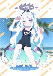 1girl ahoge barefoot black_halo blue_archive blush breasts demon_girl demon_horns demon_wings halo highres hina_(blue_archive) hina_(swimsuit)_(blue_archive) horns loli long_hair looking_at_viewer old_school_swimsuit purple_eyes school_swimsuit small_breasts solo swimsuit tadano_water tree white_hair wings