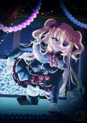  1girl akai_haato artist_name blonde_hair blue_eyes cameo crawling dark dress eyepatch gothic_lolita haaton_(akai_haato) hair_ornament heart heart_hair_ornament highres hololive computer_keyboard lolita_fashion long_hair looking_at_viewer medical_eyepatch red_dress runsachan smile solo star_(symbol) static television thigh_strap thighhighs virtual_youtuber watermark zettai_ryouiki  rating:General score:3 user:truesword24