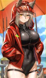 1girl absurdres animal_ears arknights black_one-piece_swimsuit blue_sky blush breasts brown_hair closed_mouth commentary cowboy_shot ears_through_hood hair_between_eyes hands_in_pockets highres hood hood_up hooded_jacket jacket large_breasts long_sleeves looking_at_viewer official_alternate_costume one-piece_swimsuit open_clothes open_jacket outdoors projekt_red_(arknights) projekt_red_(light_breeze)_(arknights) putcho red_jacket short_hair sky solo standing swimsuit tail wolf_ears wolf_girl wolf_tail yellow_eyes  rating:Sensitive score:3 user:danbooru