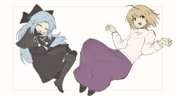  ahoge alternate_legwear arcueid_brunestud black_bow black_dress blonde_hair blue_hair bow breasts capelet closed_eyes dress hair_bow half_updo highres kagetsu_tooya len_(tsukihime) long_hair long_sleeves looking_at_viewer medium_breasts multiple_girls open_mouth pantyhose pointy_ears red_eyes ribbon simple_background skirt sleeping smile sweater tara3763 thighhighs tsukihime tsukihime_(remake) turtleneck white_background white_sweater 