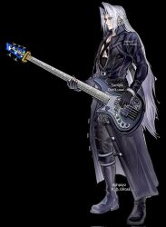  1boy aqua_eyes black_background black_boots black_coat black_gloves black_pants boots chest_strap coat final_fantasy final_fantasy_vii fingerless_gloves full_body gloves grey_hair grose guitar highres holding holding_guitar holding_instrument instrument long_coat long_hair male_focus pants parted_bangs sephiroth solo standing thigh_boots twintails 
