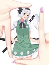  2girls black_ribbon blush bob_cut breasts cowboy_shot doitsuudon finger_frame frilled_skirt frills green_eyes green_skirt grey_hair highres hitodama_print katana konpaku_youmu konpaku_youmu_(ghost) looking_at_viewer multiple_girls nail_polish neck_ribbon purple_nails ribbon saigyouji_yuyuko shirt short_hair skirt skirt_hold skirt_set small_breasts solo sword touhou wakizashi weapon white_shirt 
