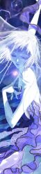  1girl collarbone colored_skin highres imam_(oozlo) korean_commentary long_image monster_girl my_s-class_hunters open_mouth purple_background purple_eyes single_bare_shoulder solo tall_image white_hair white_skin 