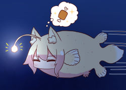 1girl ^_^ anglerfish animal animal_ear_fluff animal_ears animalization blonde_hair blush boned_meat closed_eyes female_focus fish food fox_ears fox_girl fox_tail full_body glowing kemomimi-chan_(naga_u) meat motion_lines naga_u original red_eyes sexual_dimorphism sidelocks solo sparkle speech_bubble speed_lines spoken_food swimming tail thought_bubble underwater v-shaped_eyebrows water 