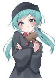 1girl :t absurdres aqua_eyes aqua_hair aqua_nails black_robe commentary_request crossed_arms flat_chest from_below gavel hat hatsune_miku highres holding holding_mallet judge long_hair looking_at_viewer mallet neck_ribbon pout red_ribbon ren&#039;ai_saiban_(vocaloid) ribbon robe ryaru_ryaru solo swept_bangs twintails upper_body v-shaped_eyebrows vocaloid wide_sleeves 