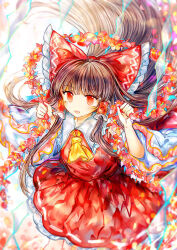  1girl ascot bow brown_hair collar detached_sleeves flower flower_wreath hair_tubes hakurei_reimu light_blush long_hair open_mouth red_bow red_eyes red_flower red_shirt red_skirt ribbon sanuo shirt skirt smile solo touhou very_long_hair white_collar white_ribbon white_sleeves yellow_ascot 