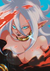  1girl android_21 black_tube_top blue_background blue_eyes breasts cleavage colored_skin dragon_ball dragon_ball_fighterz fang highres large_breasts majin_android_21 open_mouth pink_skin pointy_ears simple_background solo stktik09060906 strapless teeth tube_top upper_body white_hair 