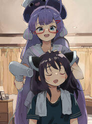  2girls :d ahoge black_shirt blue_hair blush closed_eyes commentary_request curtains eel_hat glasses gradient_hair hair_dryer hair_ornament hairclip hat headgear highres holding indoors lamb_(hitsujiniku) long_hair low_twintails multicolored_hair multiple_girls open_mouth otomachi_una pink_hair purple_hair purple_hat red-framed_eyewear semi-rimless_eyewear shirt short_sleeves sitting smile standing talkex touhoku_kiritan twintails under-rim_eyewear very_long_hair voiceroid 