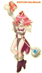  1girl 2000s_(style) 2007 :q bikini bikini_top_only blush boots breasts brown_boots brown_capelet brown_gloves capelet cleavage closed_mouth commentary_request elbow_gloves fork full_body gloves holding holding_fork john_(strike-shank) long_hair looking_at_viewer mage_(ragnarok_online) medium_breasts midriff mushroom mushroom_on_head navel one_eye_closed oversized_fork pelvic_curtain pink_hair ragnarok_online red_bikini red_eyes red_skirt showgirl_skirt simple_background skirt smile solo swimsuit tongue tongue_out 