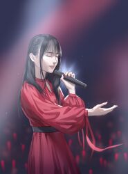  1girl absurdres alicescorpio_yeji belt black_belt black_hair blurry blurry_background braid chinese_commentary closed_eyes commentary_request dated_commentary dress highres holding holding_microphone light_particles long_hair long_sleeves microphone mizuki_nana open_mouth puffy_long_sleeves puffy_sleeves real_life red_dress red_nails smile solo upper_body 