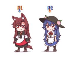  2girls ? animal_ears black_boots black_hat blue_dress blue_hair boots brooch brown_hair dress drop_shadow food frills fruit hat hinanawi_tenshi imaizumi_kagerou jewelry leaf long_hair long_sleeves metal_slug multiple_girls peach puffy_sleeves red_eyes ribbon short_sleeves simple_background tail touhou white_background wide_sleeves wolf_ears wolf_tail wool_(miwol) 