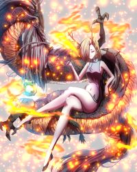 1girl absurdres beard blonde_hair china_dress chinese_clothes covered_navel dragon dragon_girl dragon_god dragon_horns dragon_tail dress facial_hair highres horns kicchou_yachie kiseru light_blue_dress short_hair smoke smoking_pipe sunnysideup tail touhou turtle_shell 