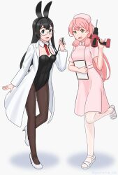  2girls akashi_(kancolle) alternate_costume animal_ear_hairband animal_ears black_hair black_leotard black_pantyhose blunt_tresses bow bowtie clipboard coat detached_collar dress drill fake_animal_ears full_body geometrie green_eyes hair_ribbon hairband hat high_heels highres kantai_collection lab_coat leotard long_hair looking_at_viewer multiple_girls necktie nurse nurse_cap ooyodo_(kancolle) pantyhose pink_dress pink_hair playboy_bunny power_drill power_tool pumps rabbit_ears rabbit_tail red_necktie ribbon shoes simple_background stethoscope strapless strapless_leotard tail tress_ribbon white_background white_coat white_pantyhose white_shoes 